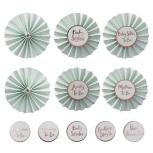 Hello World Baby Shower Badges in Mint and Rose Gold